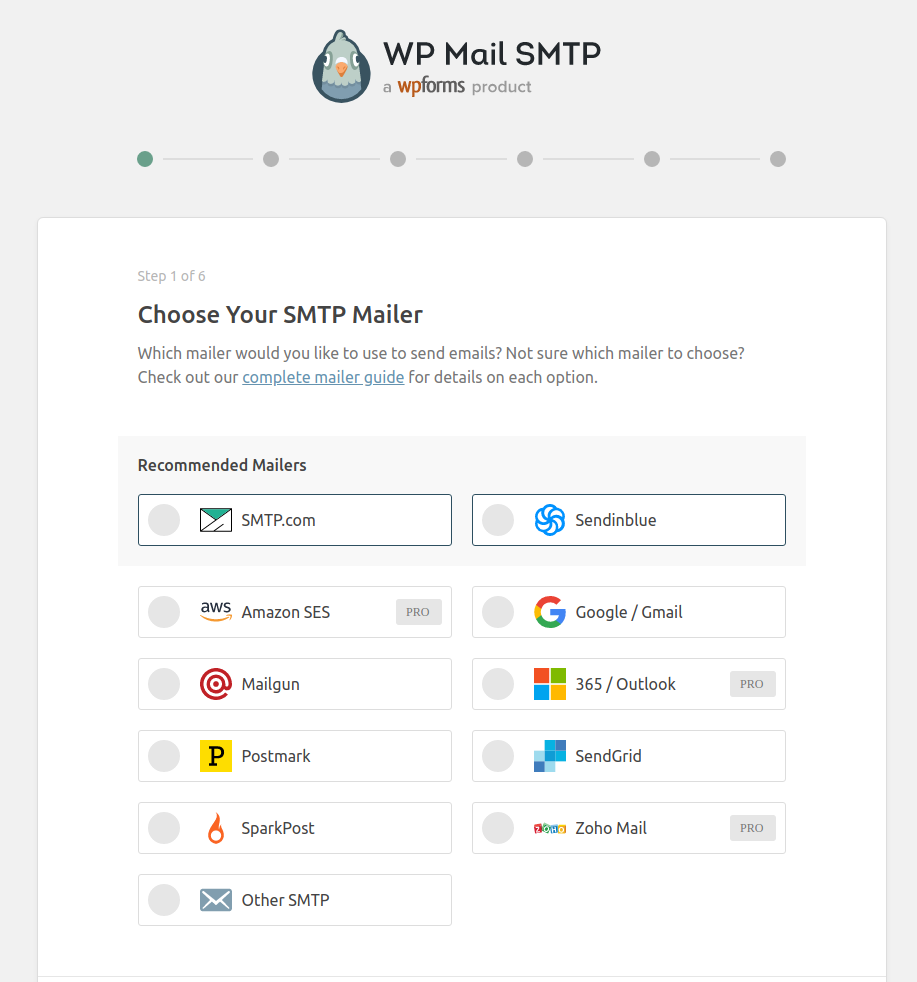 Choosing SMTP Mailer inside WP Mail SMTP plugin configuration screen