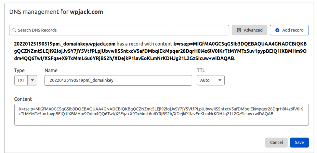 I am adding DKIM record to my Cloudflare account for the wpjack.com