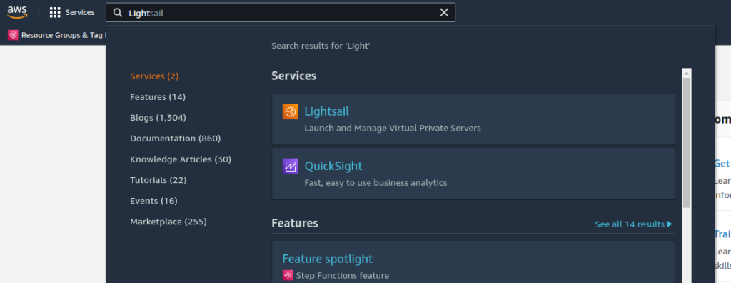 AWS Console searching for Lightsail