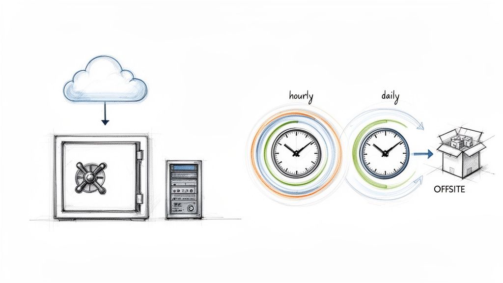 Illustration showing cloud data backup to a local safe and server, with hourly and daily offsite storage.