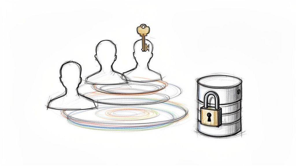 Sketched illustration depicting a hierarchy of three people with a key-holder managing a locked database.