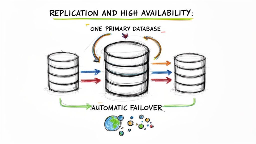 Diagram illustrating database replication, high availability, and automatic failover with one primary and two secondary databases.