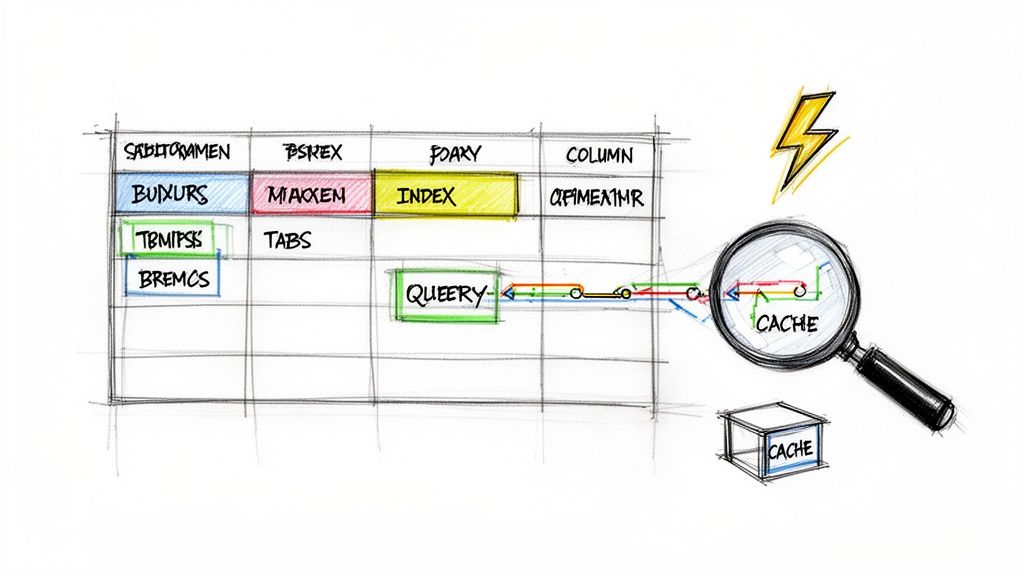 Diagram illustrating a data querying process, from table data and index to cache, with a magnifying glass.